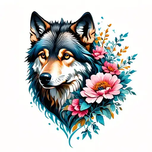 Front View Wolf Surrounded By Flowers