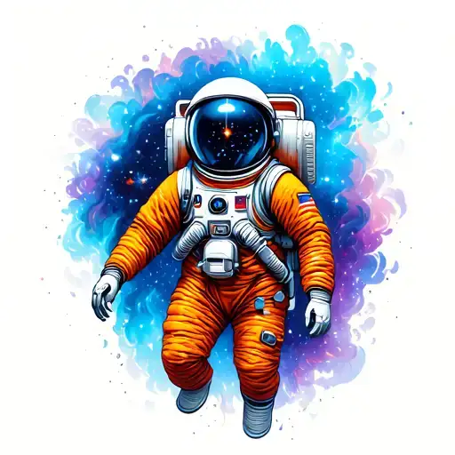 Astronaut In Orange Suit In Space With A Blue And Purple Themed Galaxy In The Background