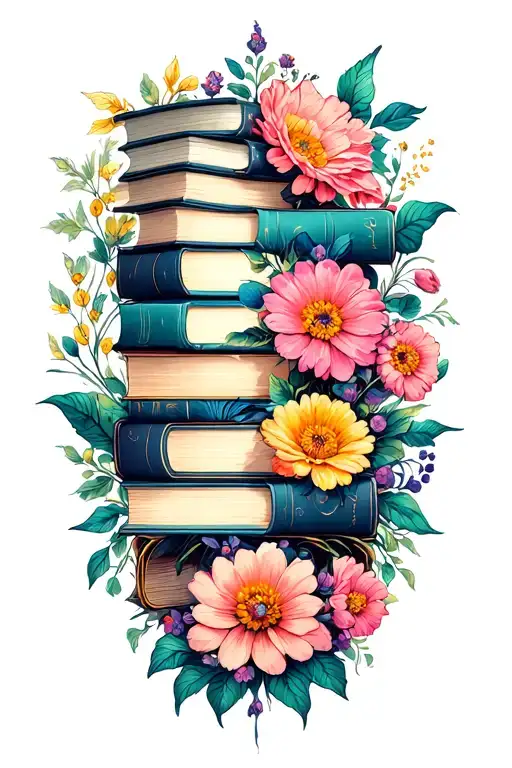 Stack Of Books Behind A Half Sleeve Of Flowers