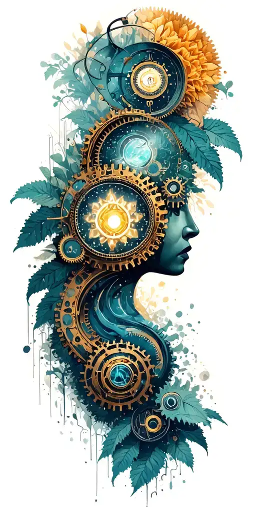 Path Of Enlightenment With Buddhist Symbols Of Nature And Steampunk Mechanical Gears