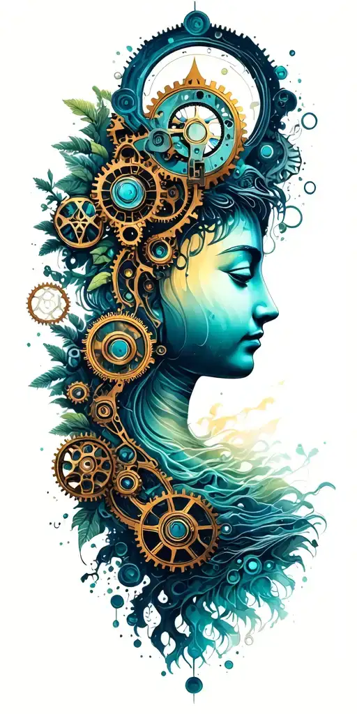 Path Of Enlightenment With Buddhist Symbols Of Nature And Steampunk Mechanical Gears