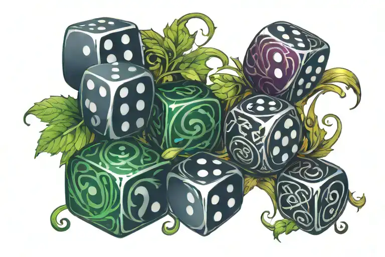 Dice With Celtic Numbering In A Curvy Design Featuring Leaves And Wines