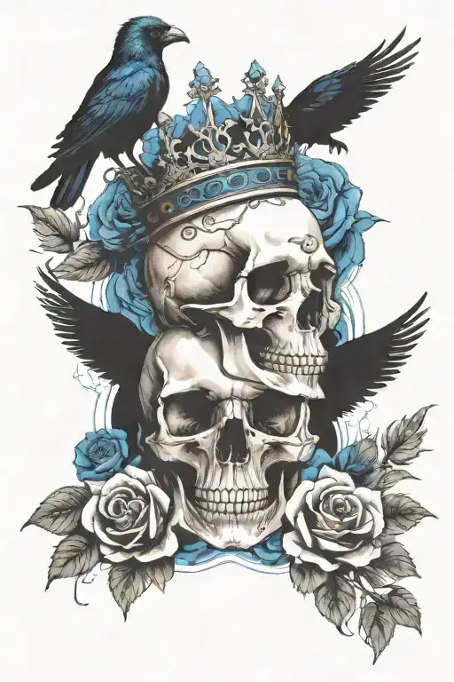 Skull Wearing Crown With Raven On Headand Blue Roses Intertwined