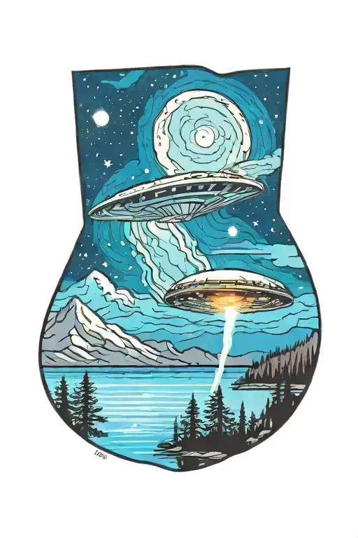 A Camper Gazing Up At A Ufo In The Night Sky Over A Mountain Lake