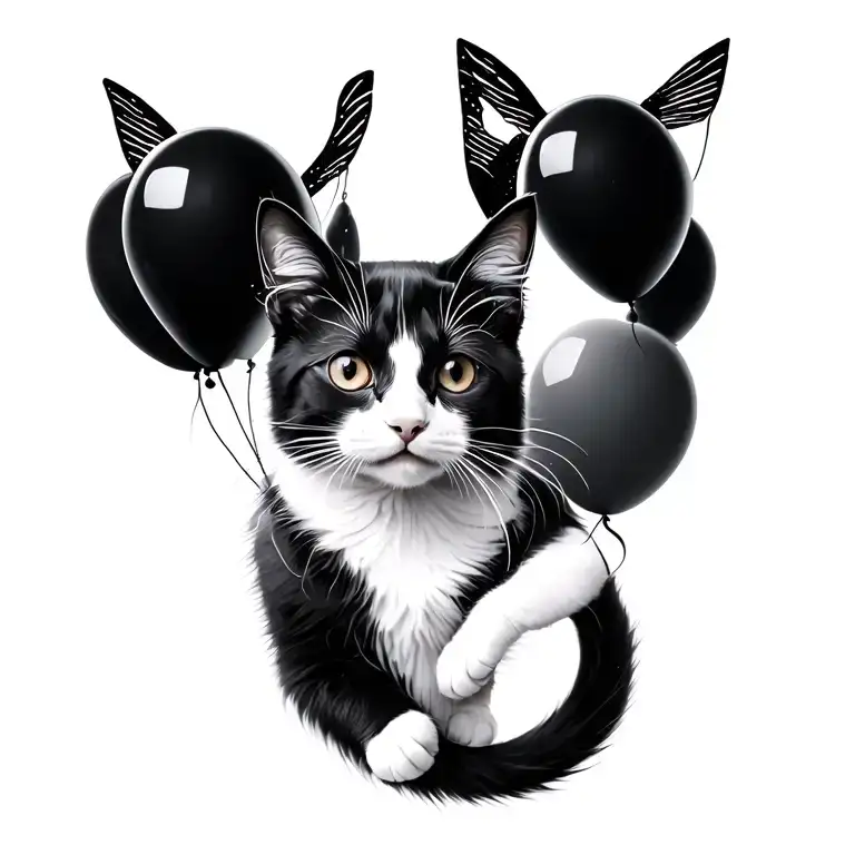 Black And White Cat Floating With Black Balloons Floating In Space