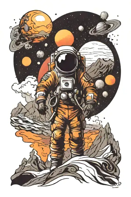 Astronaut Looking At Mountains Leading Into Space With Planets