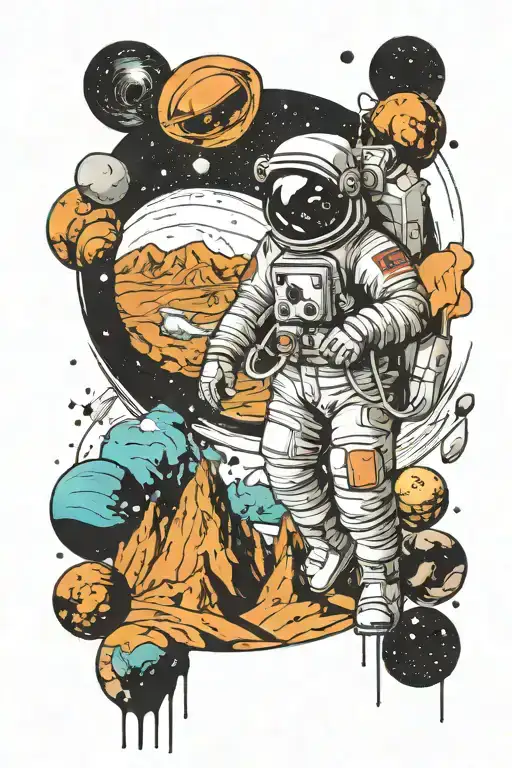 Astronaut Looking At Mountains Leading Into Space With Planets