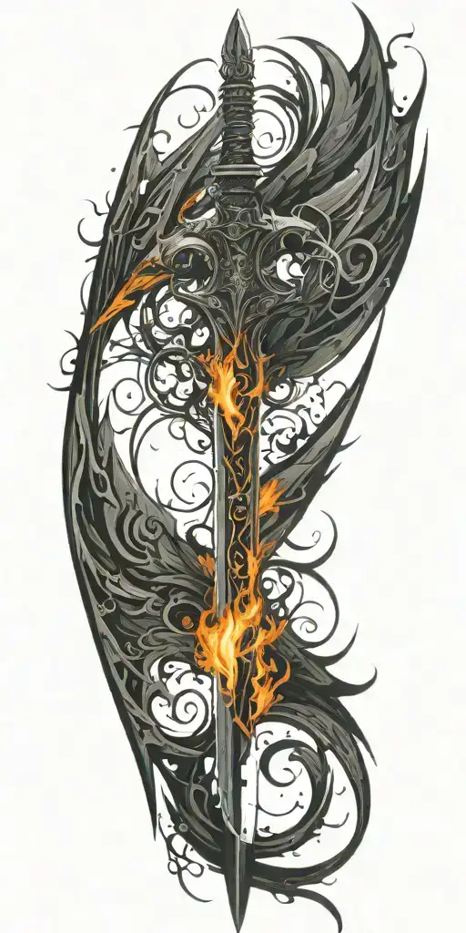 Black Sword Embedded Within Wings Made Of Fire