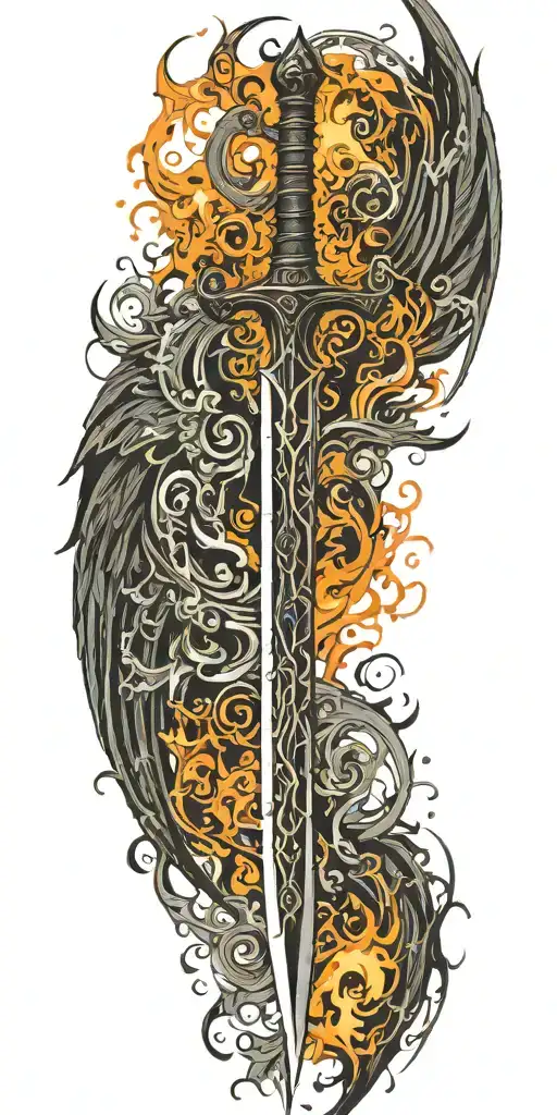 Black Sword Embedded Within Wings Made Of Fire
