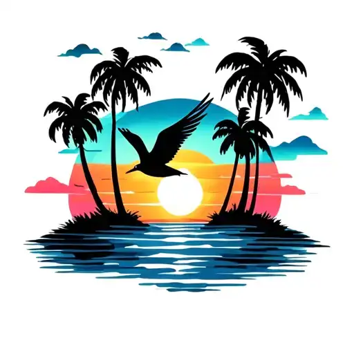 Seagull Palm Trees Sunset