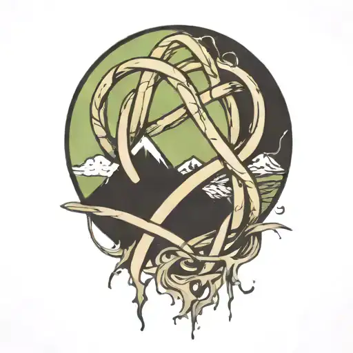 The Karmic Knot Symbol Surrounded My Mountain Peak