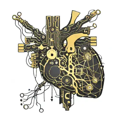Black And Gold Circuit Board Connected By Wires To A Realistic Human Heart Blood