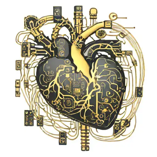Black And Gold Realistic Heart Shaped Circuit Board With Gold Wires As Blood Veins