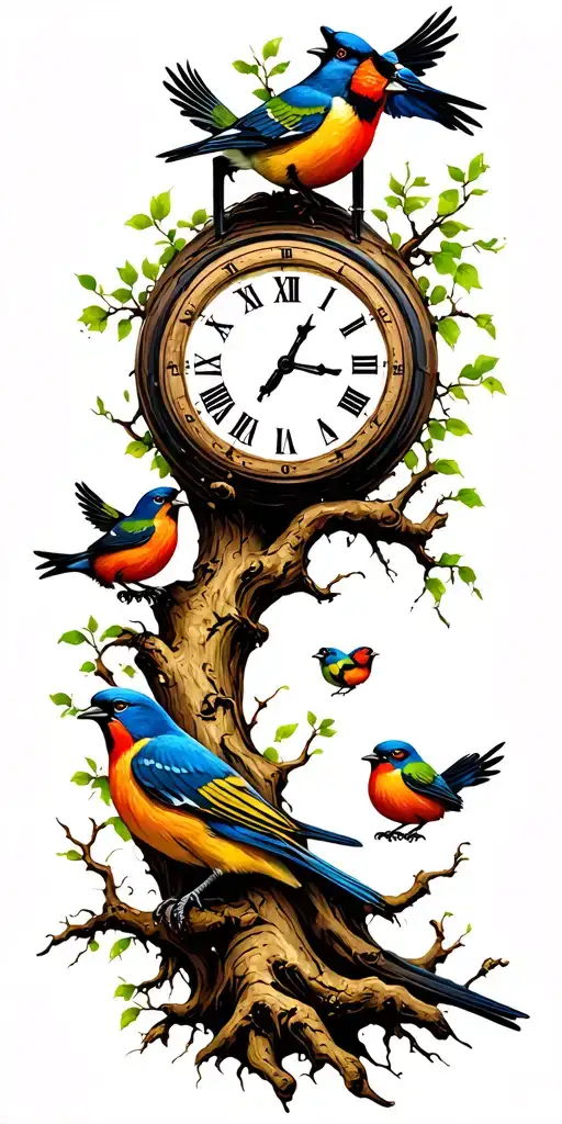 Tree And Clock And 2 Adult Birds And 3 Baby Birds