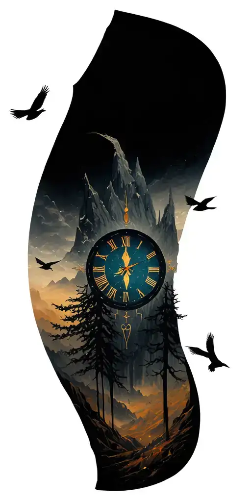 Moutains Tree Clock Birds Flying