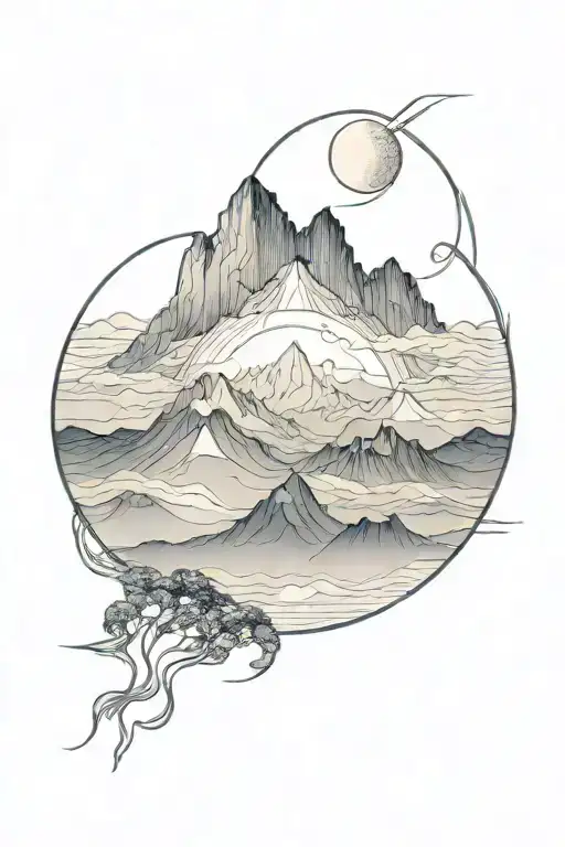 Moon And Mauntain With Long Straight Lines Above And Below