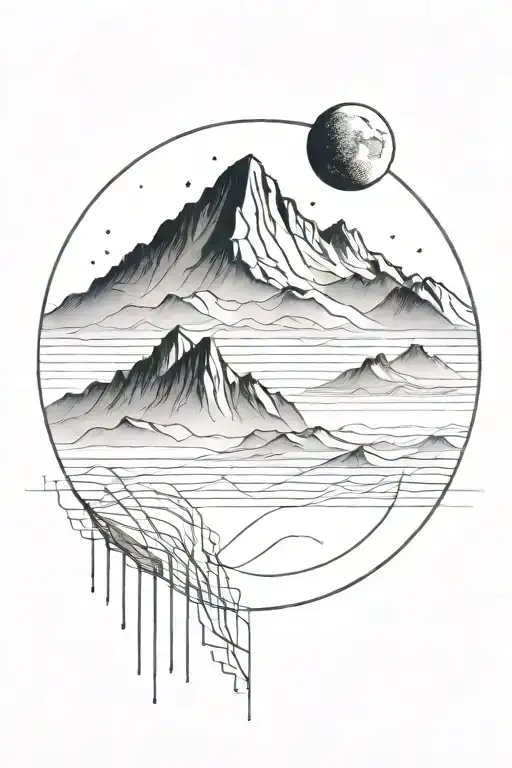 Moon And Mauntain With Long Straight Lines Above And Below