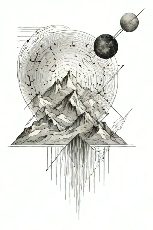 Single Mountain And Large Moon Surrounded By Straight Vertical Lines And The Gemini Constillation