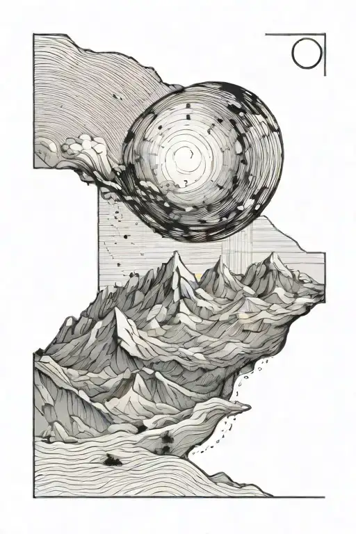 Single Mountain And Large Moon Surrounded By Straight Vertical Lines And The Gemini Constillation