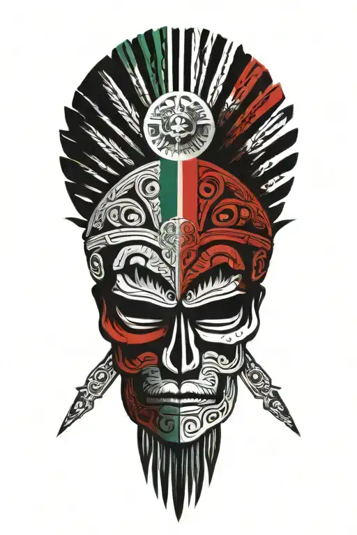 Mexico Flag With Aztec Warrior Meditating