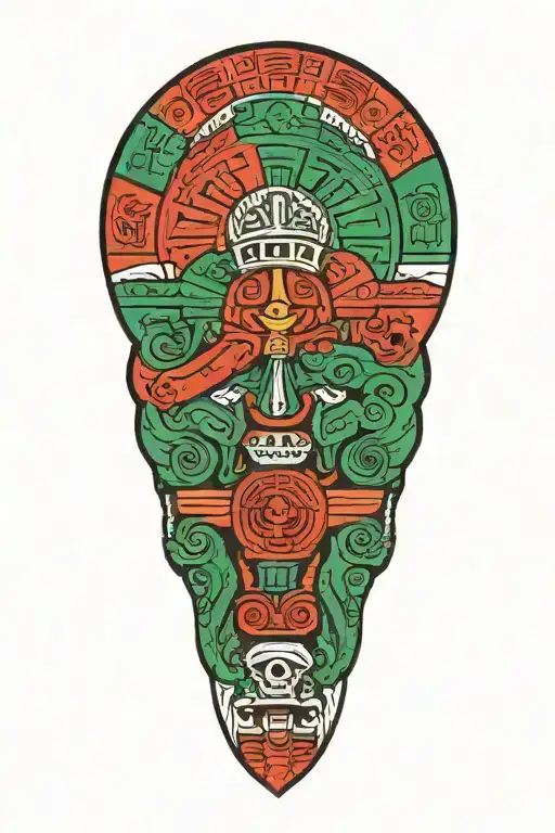Mexico Flag With Aztec Warrior Meditating