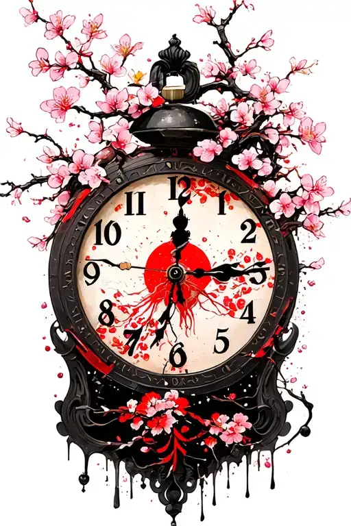 Broken Clock With A Back Geisha Underneath And Cherry Blossoms