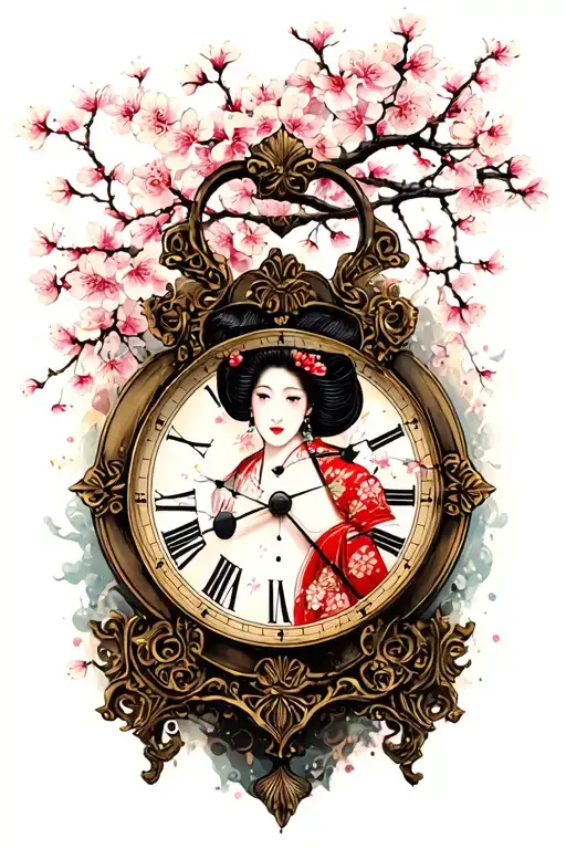 Broken Vintage Clock With A Back Geisha Underneath And Cherry Blossoms