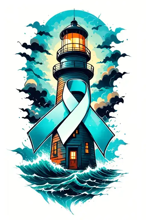 Lighthouse In The Storm With A Ovarian Cancer Awareness Ribbon The Lighthouse