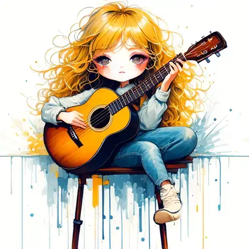 Blonde Chibi Girl With Messy Hair Playing Acoustic Guitar