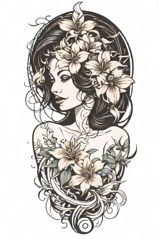 Beautiful Smiling Woman With Dark Hair Interwined With Lily Flowers And A Pine Tree