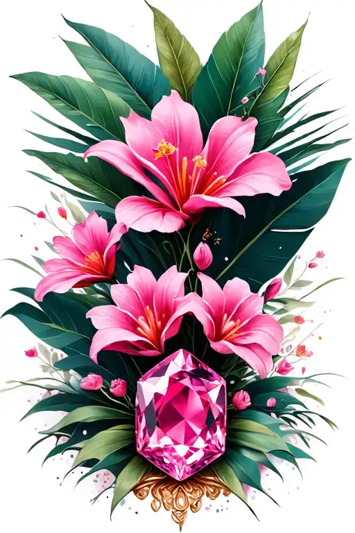 Pink Sapphire On White Gold With Pink Tropical Flowers In Background