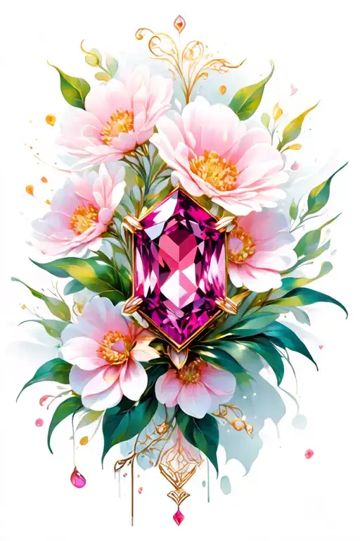 Pink Sapphire With White Gold With Pink Flowers In Background