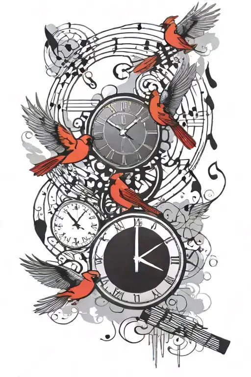 Cardinals Flying Toward Clock With Clouds In The Background And Music Notes