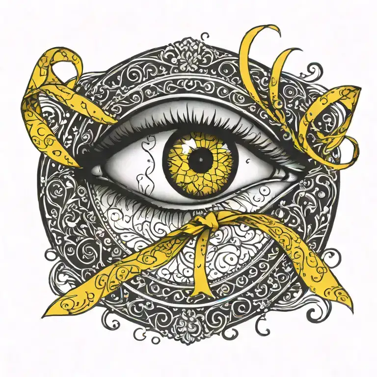 Eye Tattoo Inside Of A Yellow Cancer Ribbon With A Silhouette
