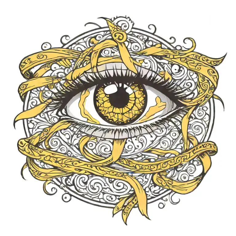 Eye Tattoo Inside Of A Yellow Cancer Ribbon With A Child's Silhouette