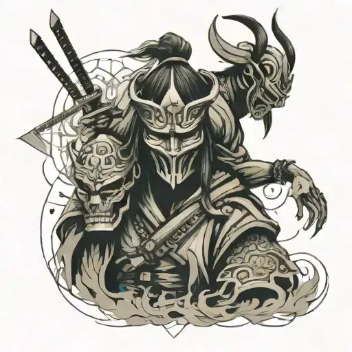 Samurai In Mask Holding Head Of His Enemy Tattoo