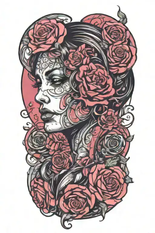 Guardian Angel With Half Of Her Face Demonic With Roses Surronding Her