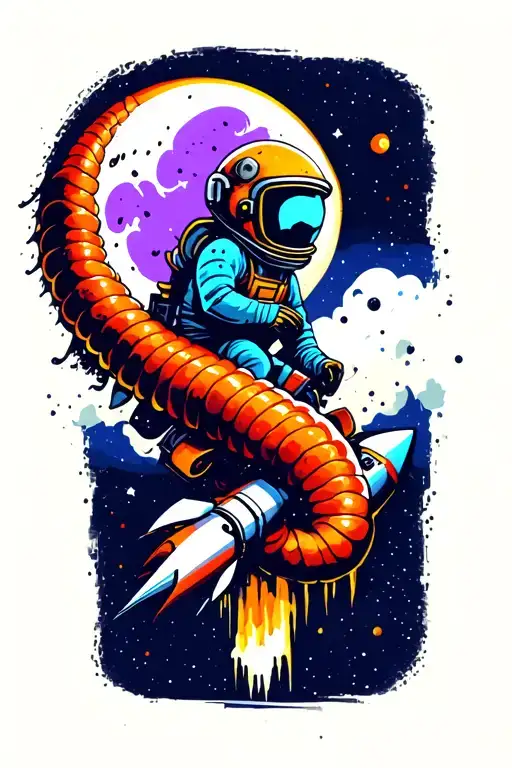Earthworm Wearing Only A Space Helmet Riding A Rocket In Front Of The Moon