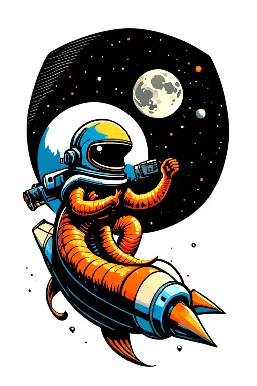 Earthworm Wearing Only A Space Helmet Riding A Rocket In Front Of The Moon