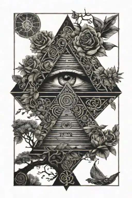 Acient Pyramid Eye With Tree Of Life Tattoo Roses