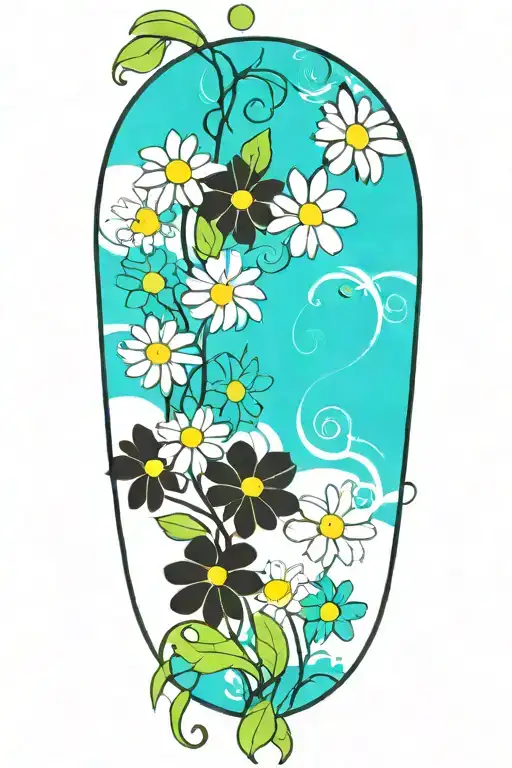 A Single Long Narrow Vine With Green Leaves And 5 Daisy Flowers