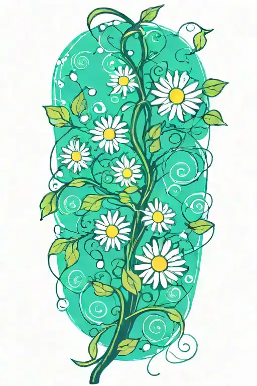 A Single Long Narrow Vine With Green Leaves And 5 Daisy Flowers