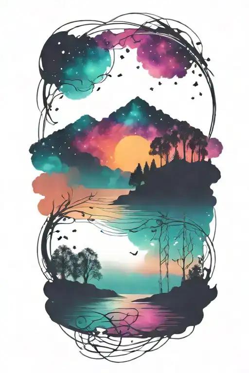 Dark Silhouette Landscape And Water Over A Colorfu Brightl Galaxy Background