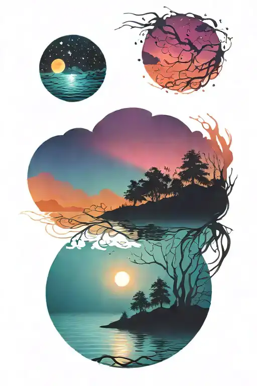 Dark Silhouette Landscape And Water Over A Colorful Bright Sunset Galaxy Background