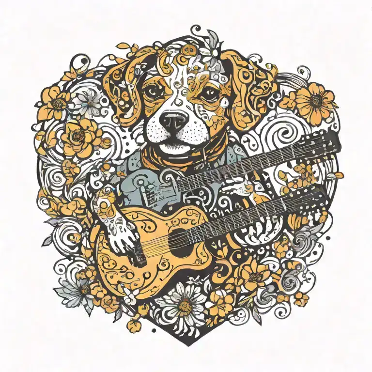 A Whimsical Design Of A Cute Dog Playing A Guitar Surrounded By Musical Notes And Flower And Heart