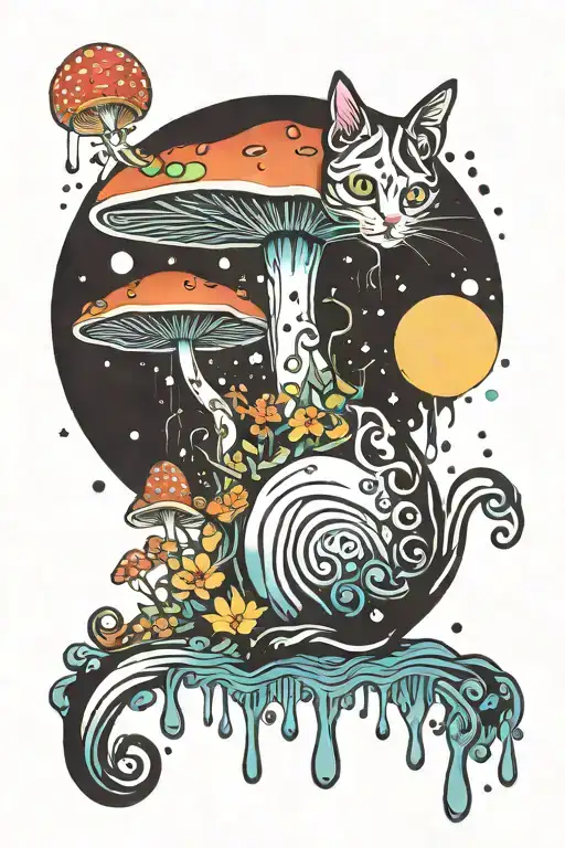 Melting Colorful Mushroom Black Cat With Moon