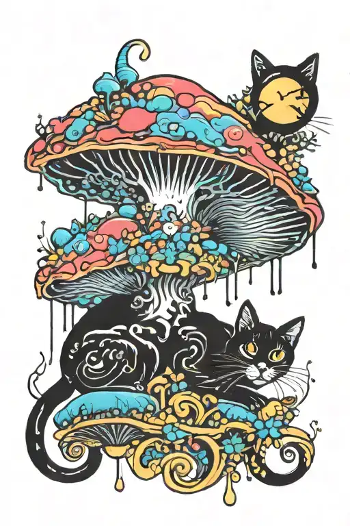 Melting Colorful Mushroom Black Cat With Moon