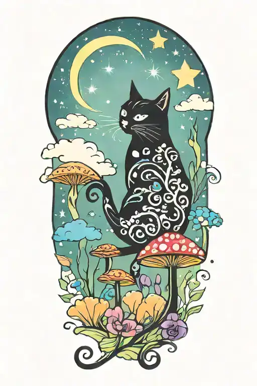 Black Cat With Colorful Mushrooms And Crescent Moon And Clouds And Stars