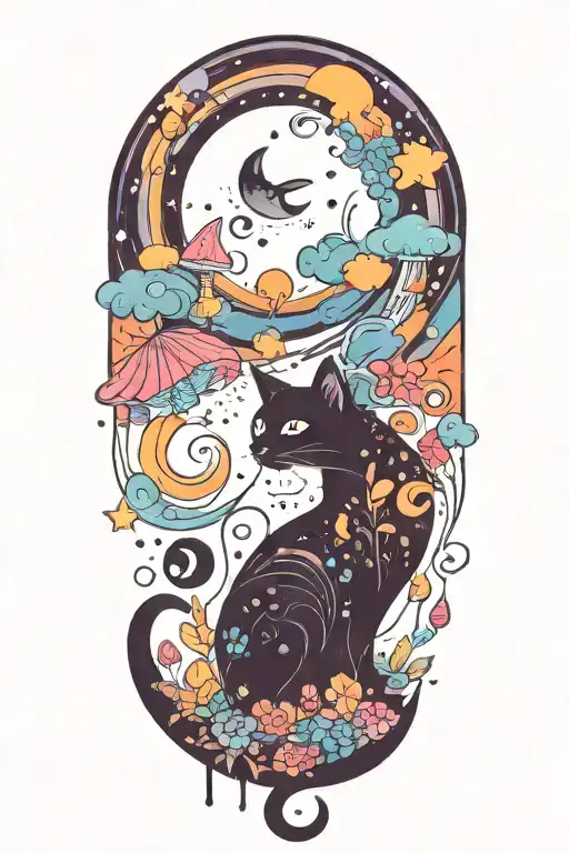Black Cat With Colorful Mushrooms And Crescent Moon And Clouds And Stars Melting