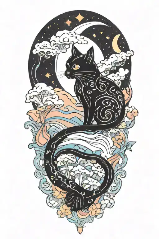Black Cat With Colorful Mushrooms And Crescent Moon And Clouds And Stars Melting